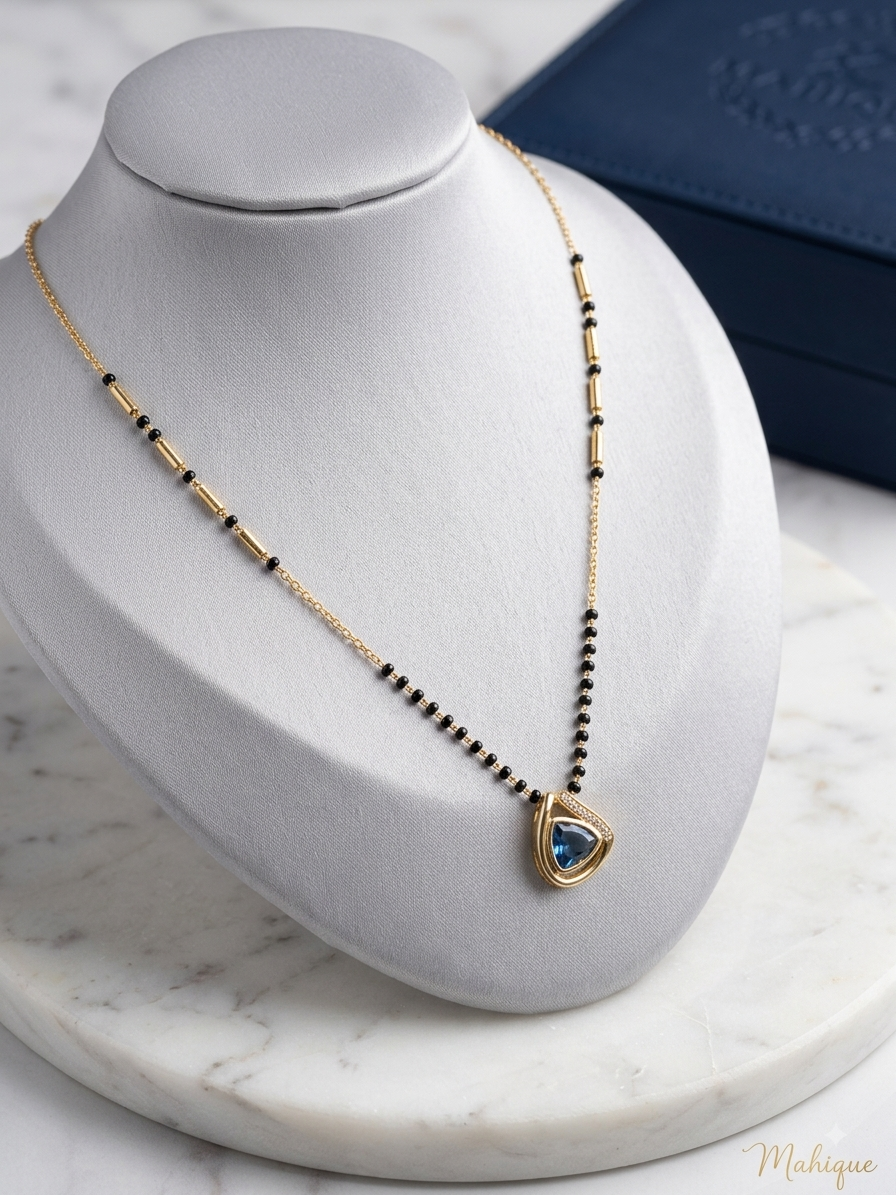 Modern London Blue Trillion Crystal Mangalsutra – 18K Gold Plated Black Bead Short Pendant Necklace