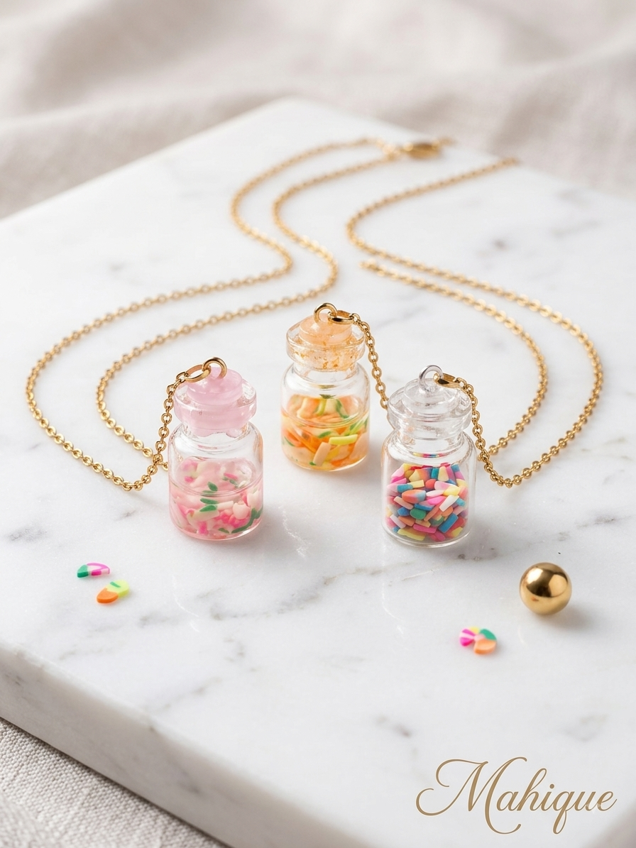 Mini Sprinkle Glass Bottle Pendant Necklace – Gold Chain Pastel Wishing Jar Jewelry