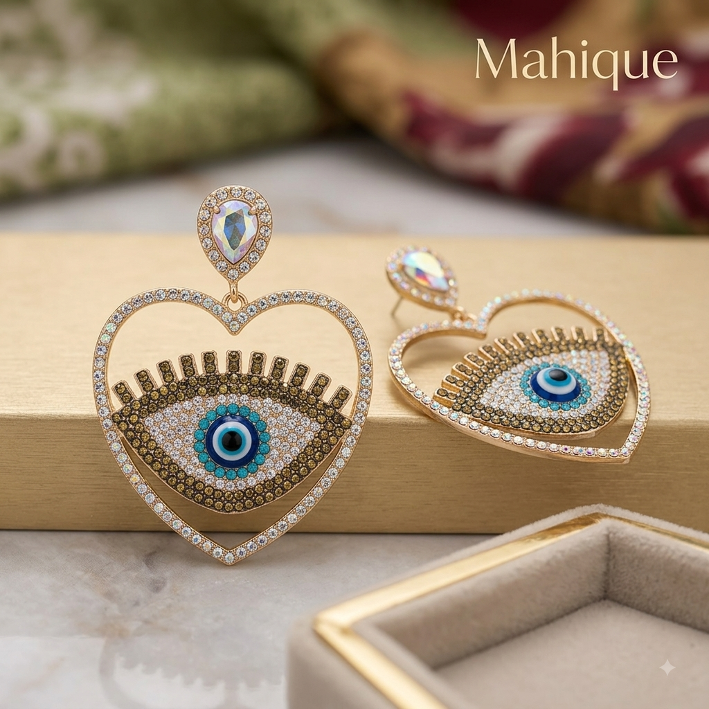 Gold Plated Heart Evil Eye CZ Statement Drop Earrings