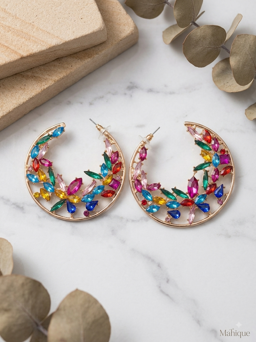Multicolor Crystal Crescent Hoop Earrings – Gold Tone Floral Statement Hoops