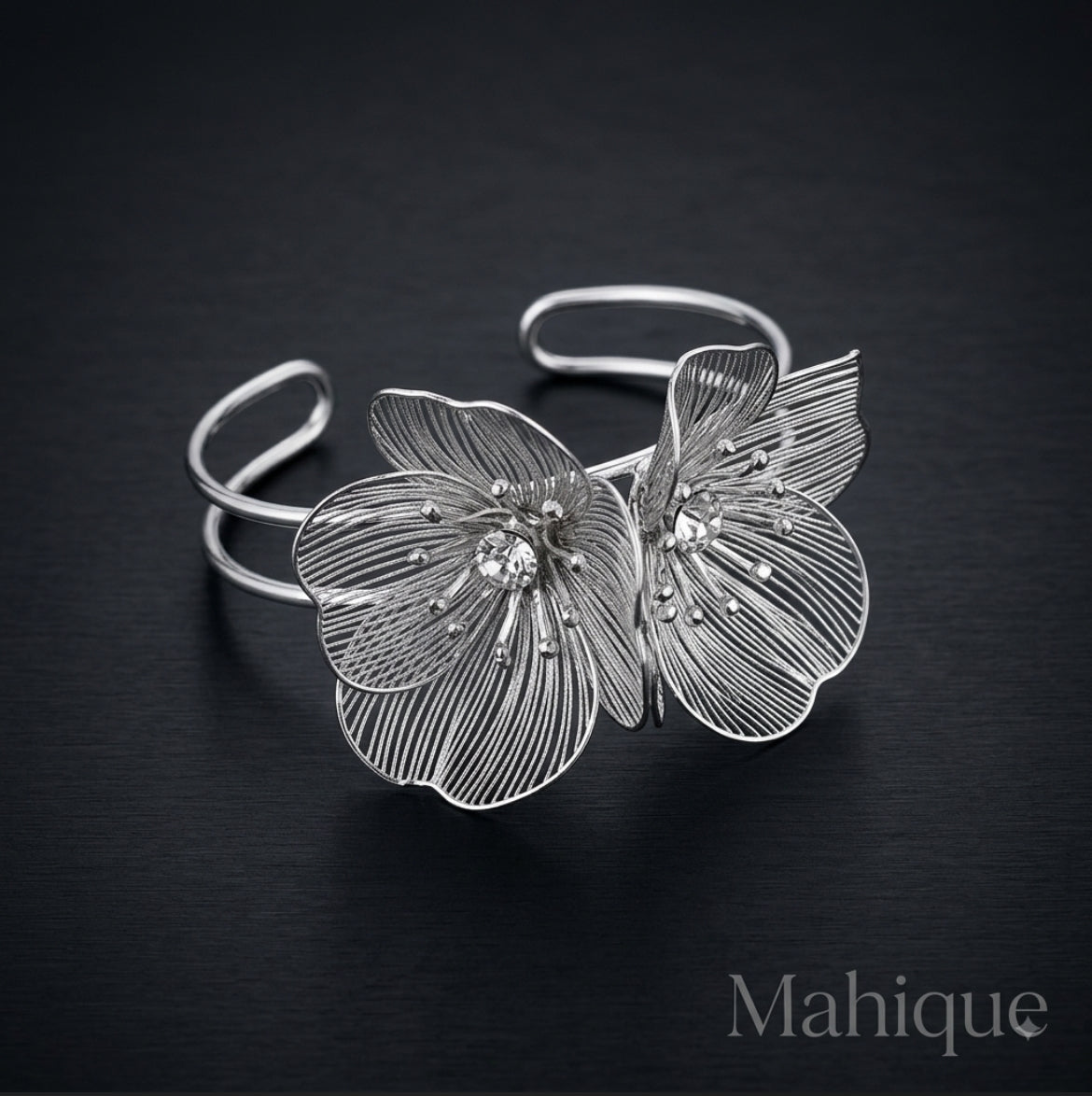 Mahique Silver Plated Twin Filigree Wire Bloom Statement Cuff Bracelet