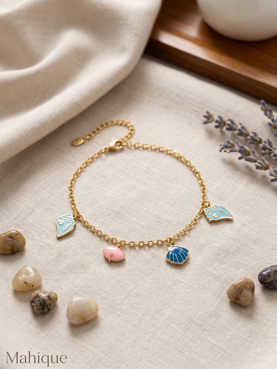 Gold Plated Ocean Seashell Enamel Charm Bracelet