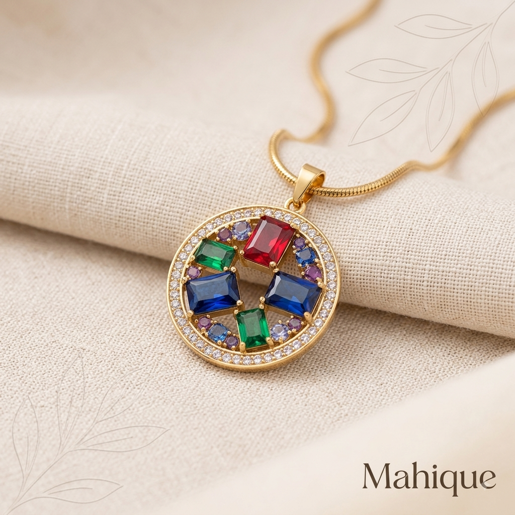 Multicolor Gemstone Medallion Pendant Necklace – 18K Gold Plated Baguette Crystal Halo Necklace