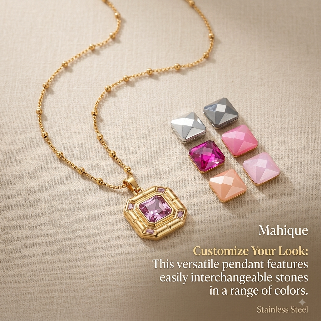 Stainless Steel Gold Plated Octagon Interchangeable Stone Pendant Necklace Set (6 Stones)