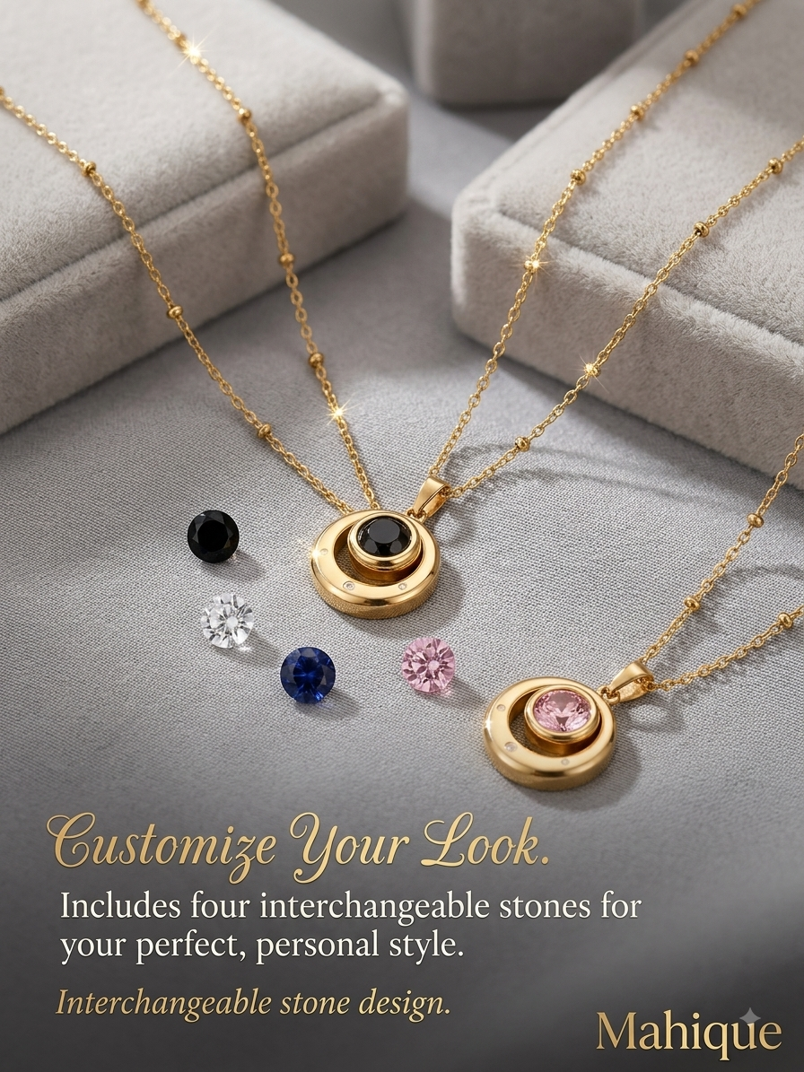 old Plated Dual Ring Interchangeable Gemstone Pendant Necklace Set (6 Stones)
