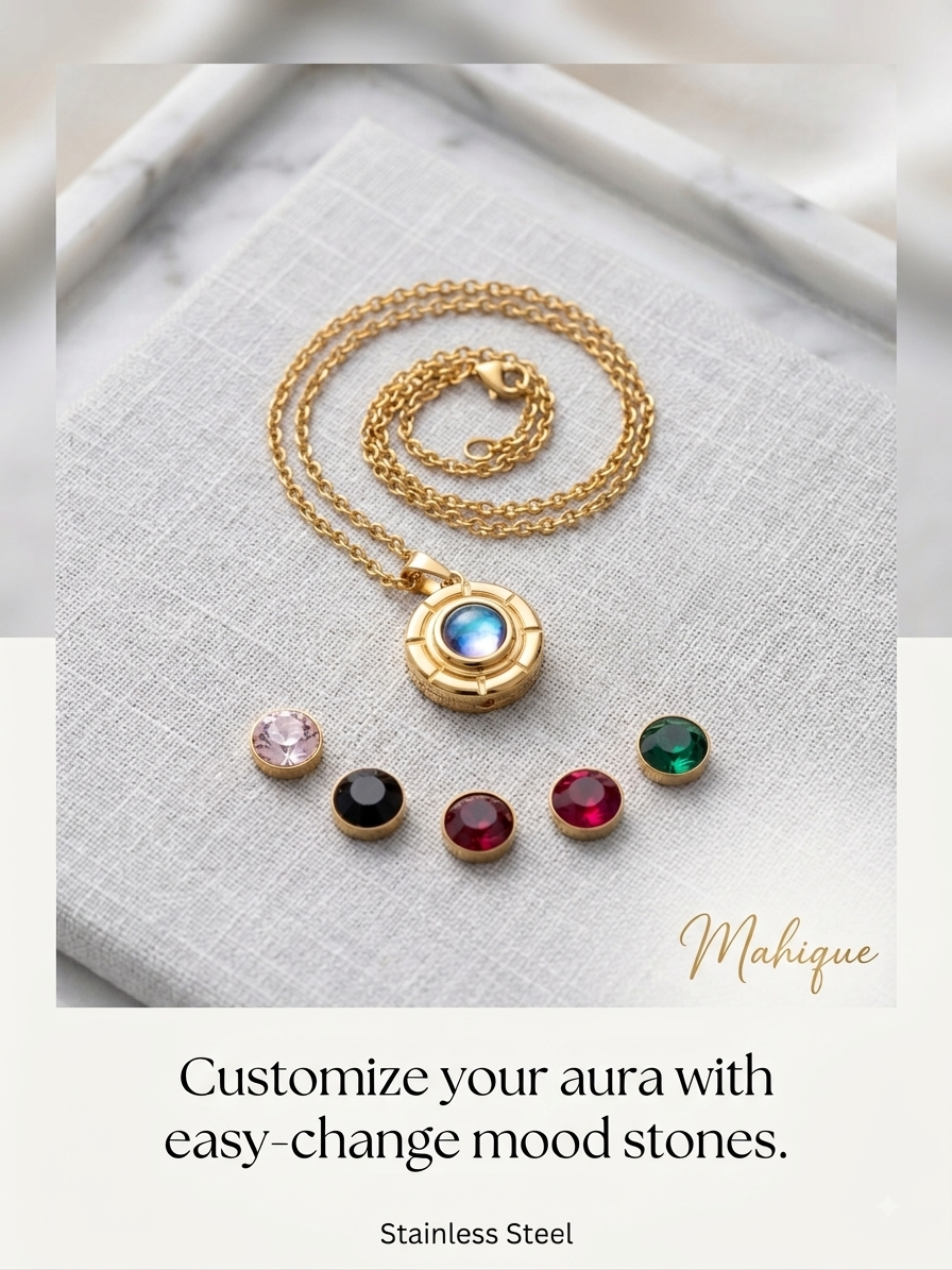 Stainless Steel Gold Plated Compass Interchangeable Gemstone Pendant Necklace Set (6 Stones)