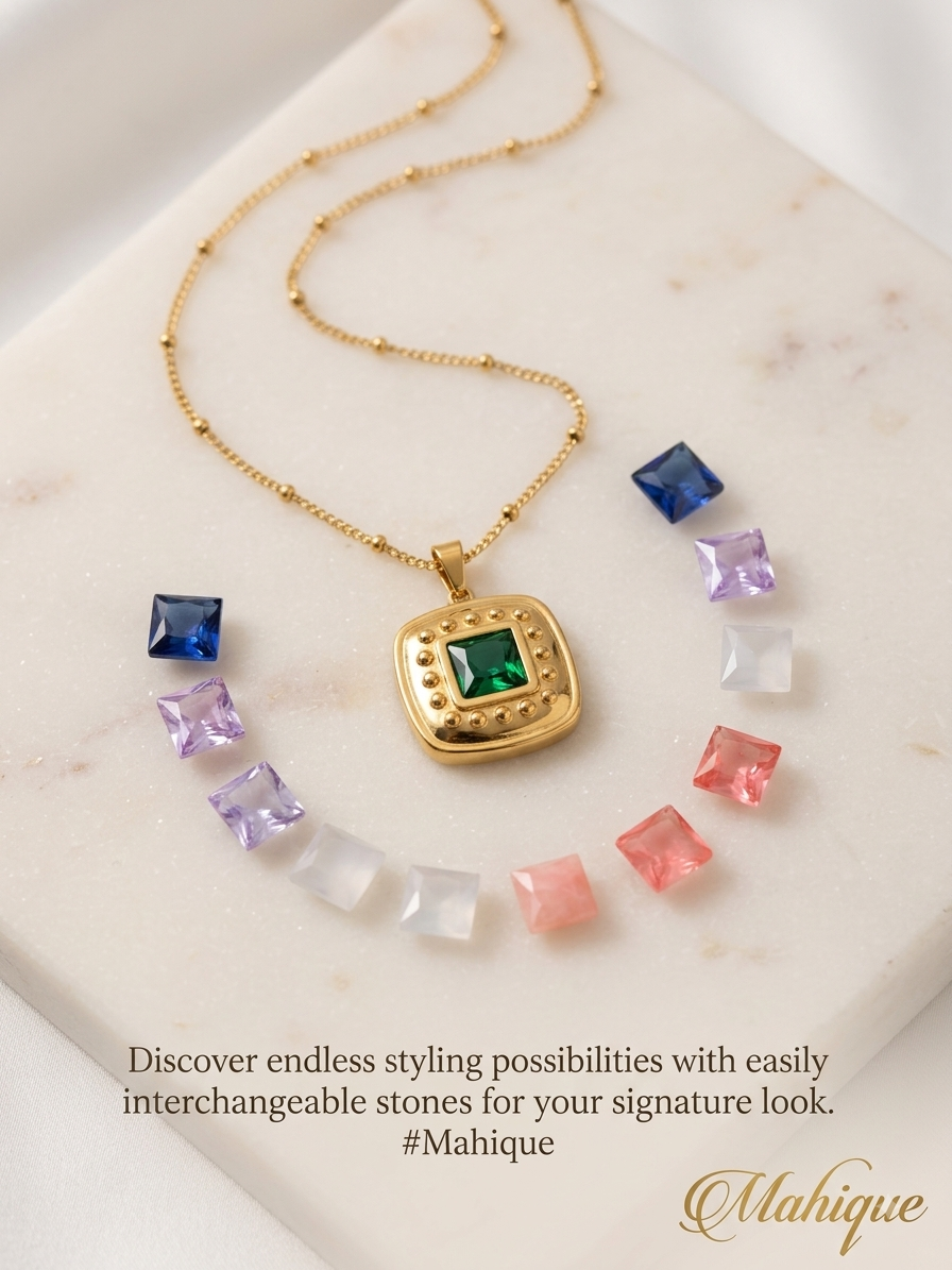 Beaded Border Interchangeable Gemstone Gold Plated Pendant Necklace Set