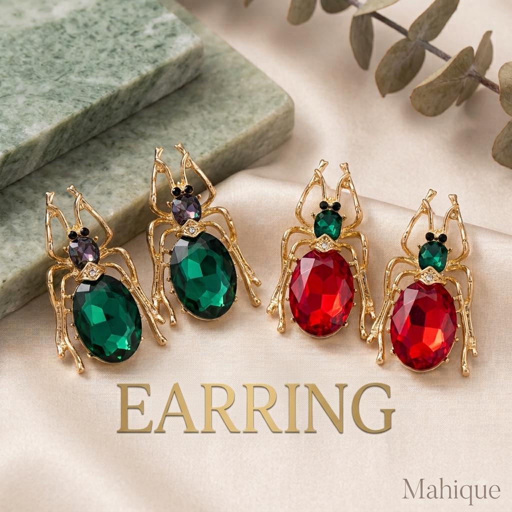 Vintage Crystal Beetle Stud Earrings – Gold Tone Insect Statement Earrings