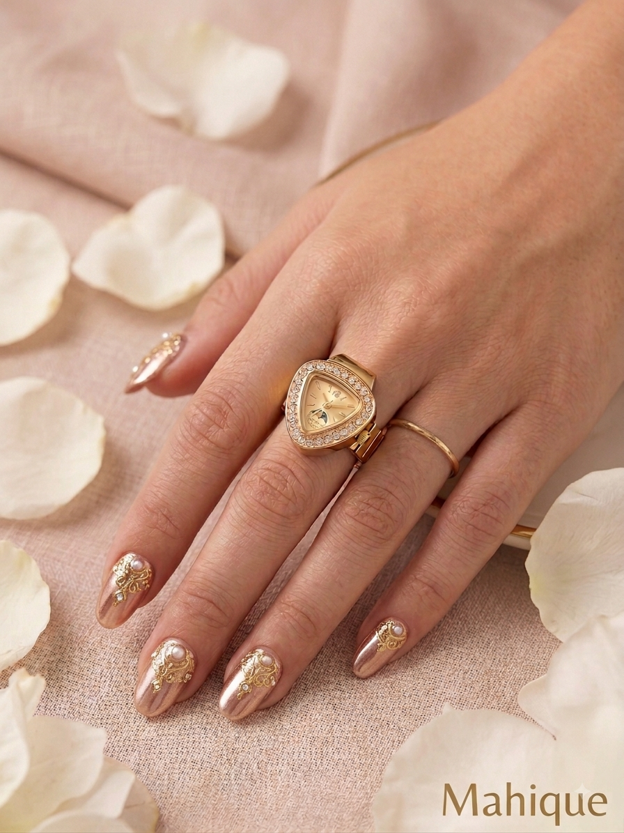 Vintage Shield Finger Ring Watch – Gold Tone Crystal Bezel Elastic Quartz Watch Ring