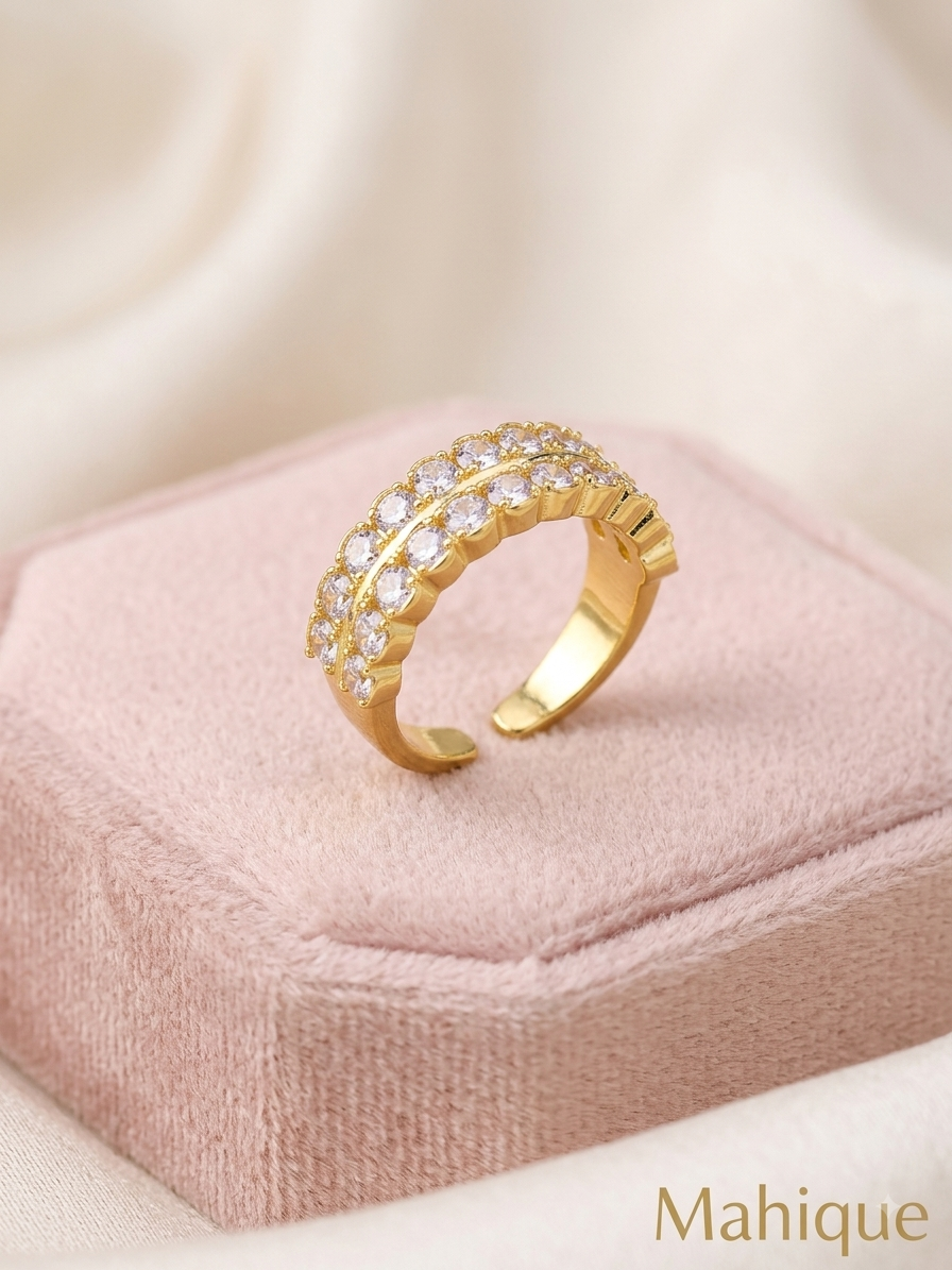 Double-Row CZ Eternity Band Adjustable Ring – 18K Gold Plated Sparkling Open Ring