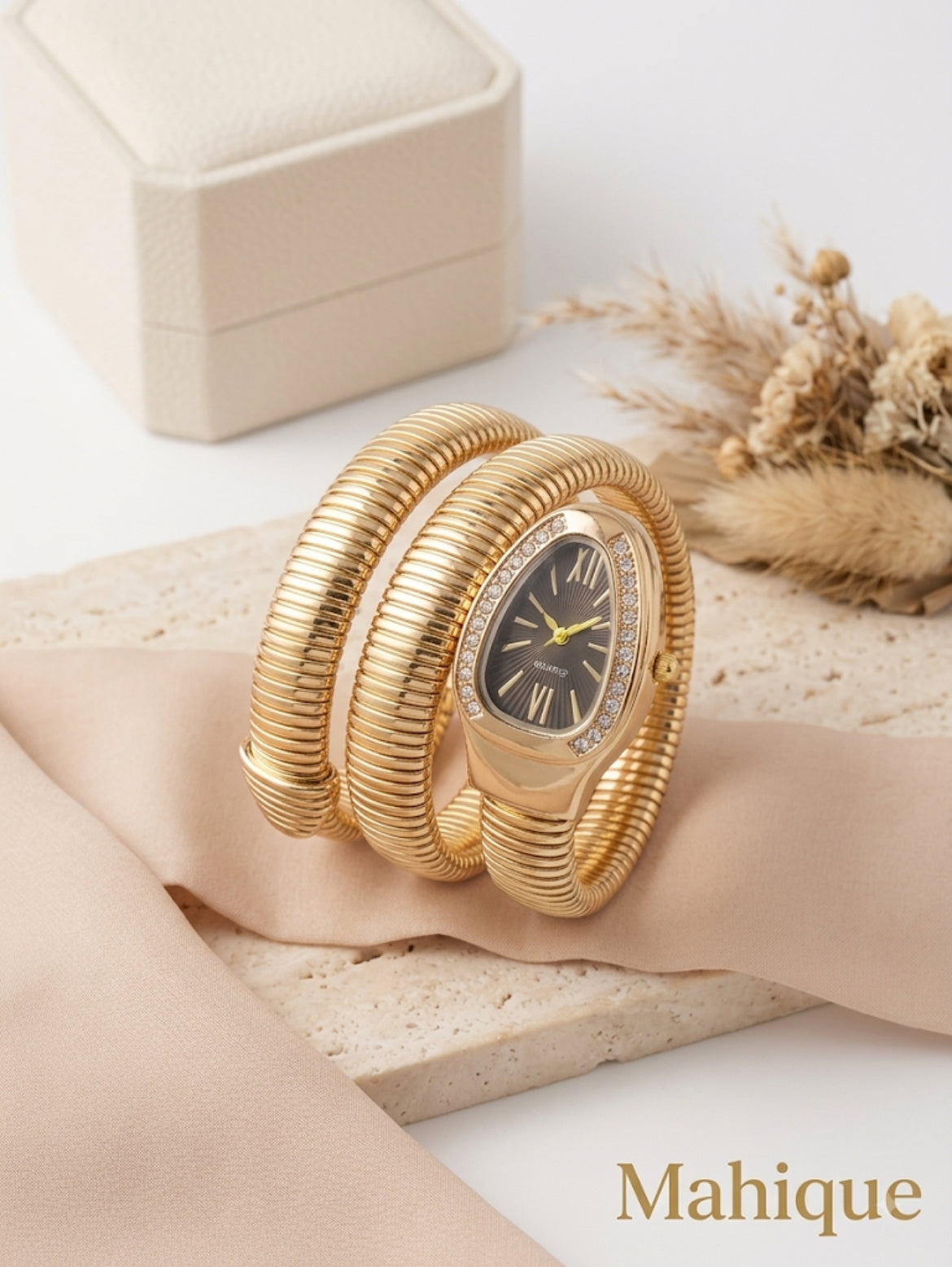 Serpent Wrap Coiled Bracelet Watch – Gold Tone Crystal Bezel Tubogas Snake Watch
