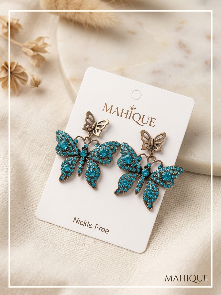 Vintage Turquoise Crystal Butterfly Drop Earrings – Antique Bronze Double Butterfly Statement Jewelry