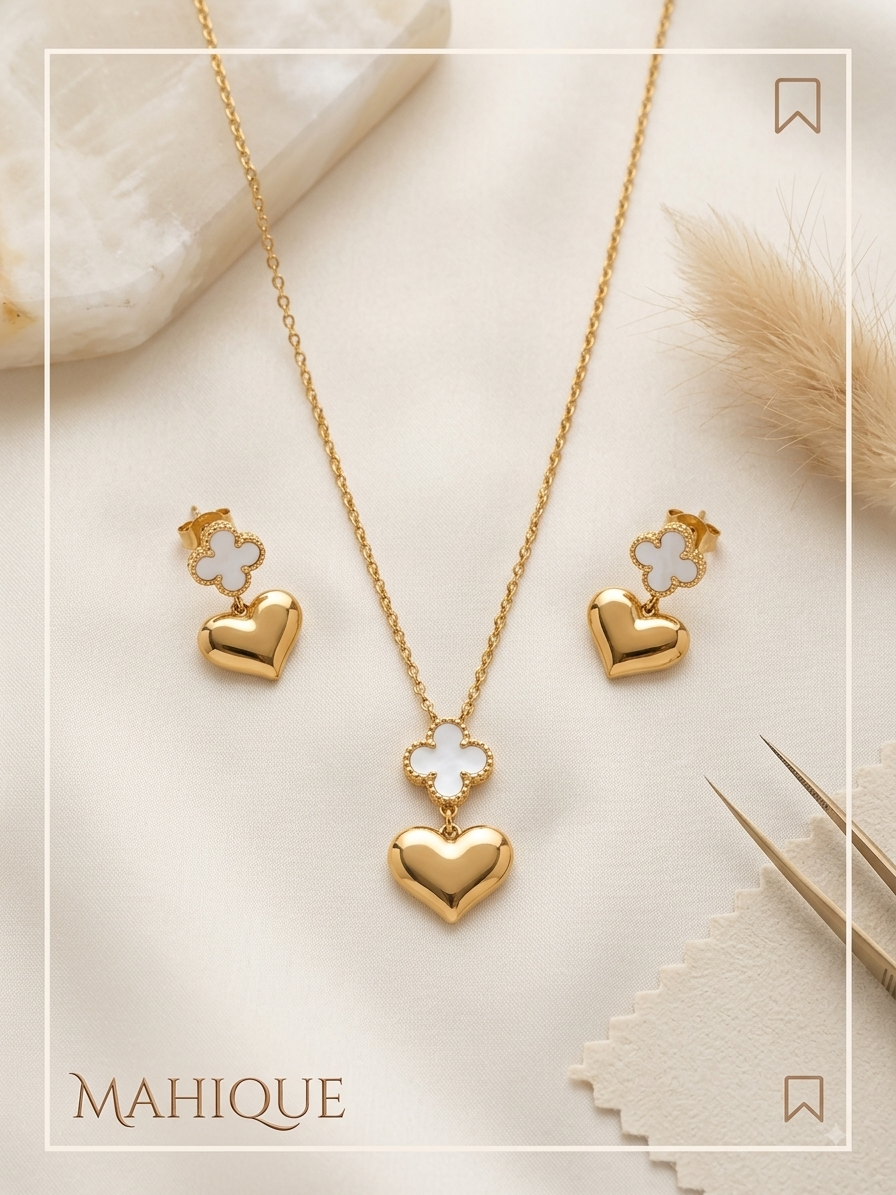 18K Gold Plated Clover & Puffy Heart Jewelry Set – Mother of Pearl Pendant Necklace and Drop Earrings