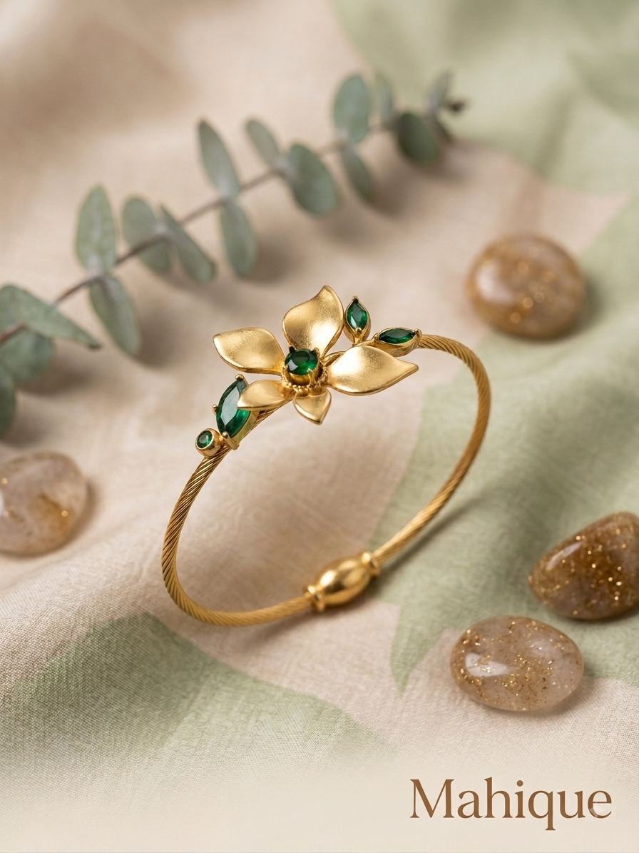 Brushed Gold Floral Cable Bangle – Emerald Green Crystal Flower Statement Bracelet