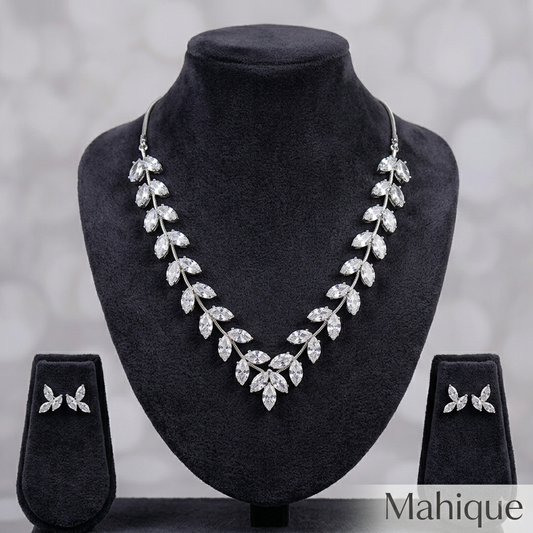 Silver Plated Marquise CZ Leafy Vine Necklace Set with Matching Stud Earrings