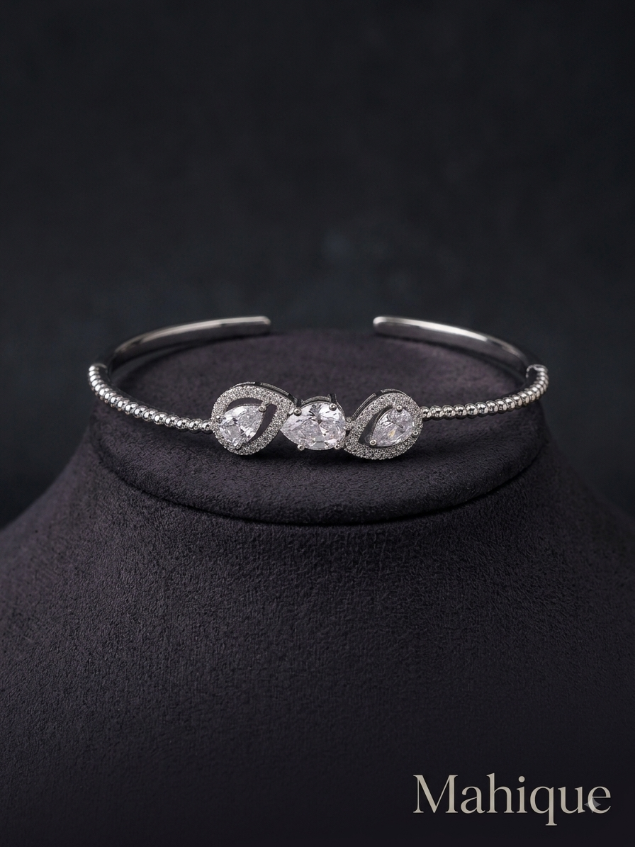 Silver Plated Pear CZ Trio Beaded Cuff Bracelet