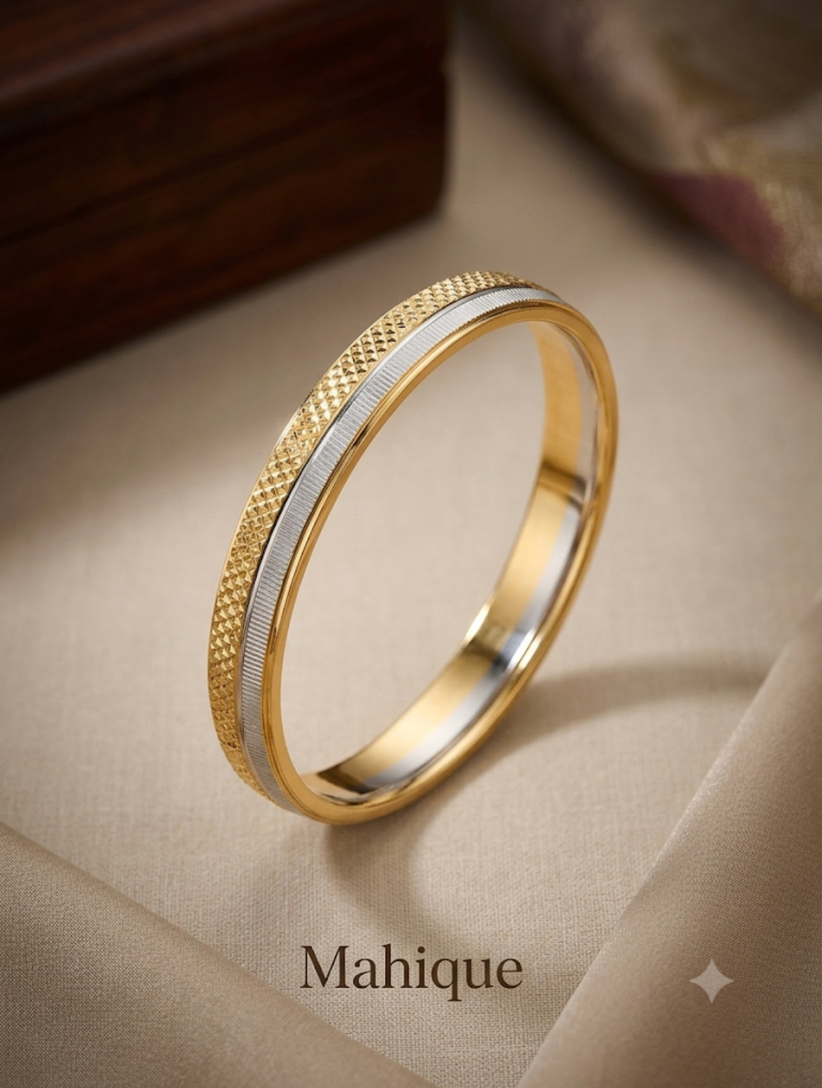 Two-Tone Textured Slim Kada Bangle – 18K Gold Plated Diamond Cut Stainless Steel Bangle