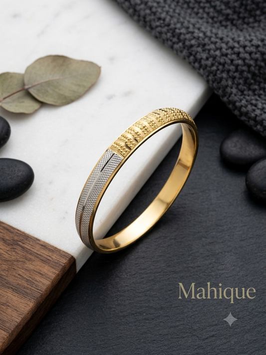 Two-Tone Segmented Kada Bangle – 18K Gold Plated Textured Stainless Steel Bracelet