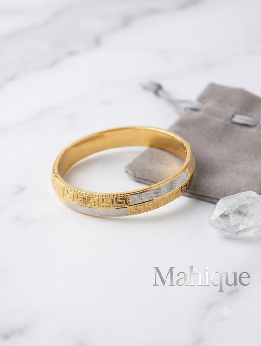 Two-Tone Greek Key Bangle – 18K Gold Plated Segmented Stainless Steel Hinged Bracelet