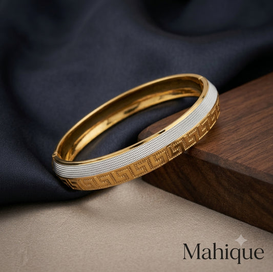 Two-Tone Greek Key Bangle Bracelet – 18K Gold Plated Textured Mesh Statement Bangle
