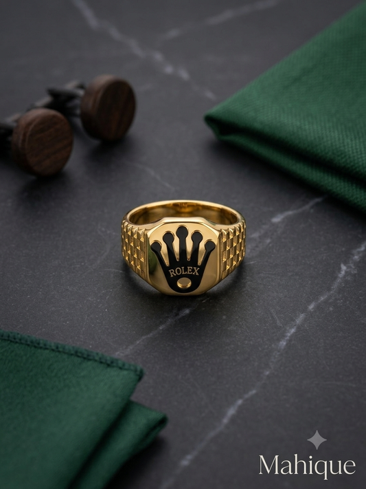 Men's Gold Crown Signet Ring – 18K Gold Plated Black Enamel Textured Band Ring