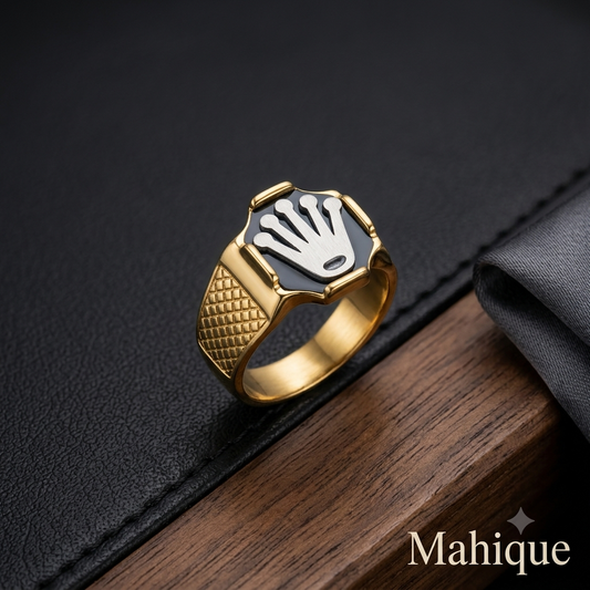 Men's Two-Tone Crown Signet Ring – 18K Gold Plated Black Enamel Textured Band Ring