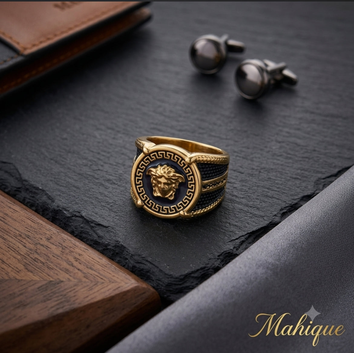 Men's Medusa Greek Key Signet Ring – 18K Gold Plated Black Enamel Textured Band Ring