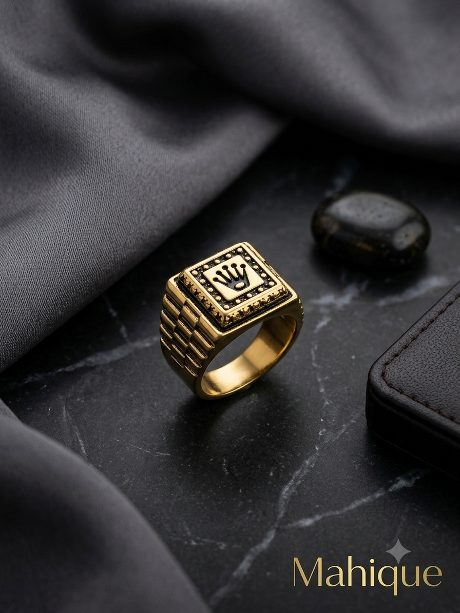 Men's Square Crown Signet Ring – 18K Gold Plated Beaded Edge Textured Band Ring