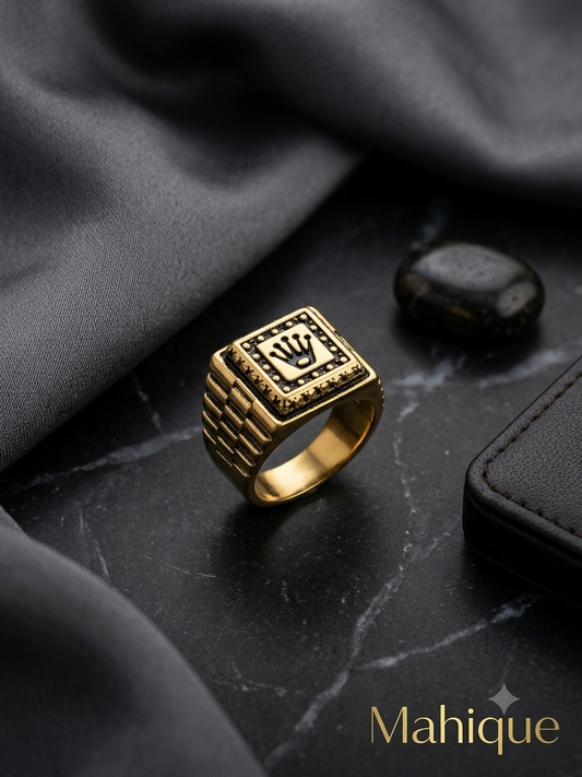 Men's Square Crown Signet Ring – 18K Gold Plated Beaded Edge Textured Band Ring